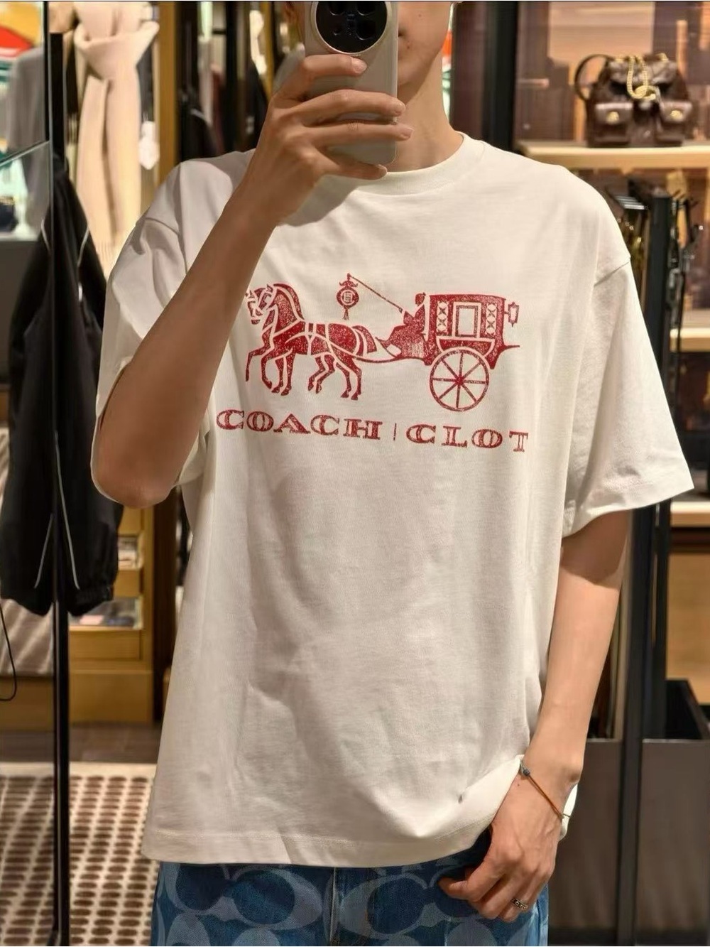 Coach White Tee with Red Horse & Carriage Graphic
